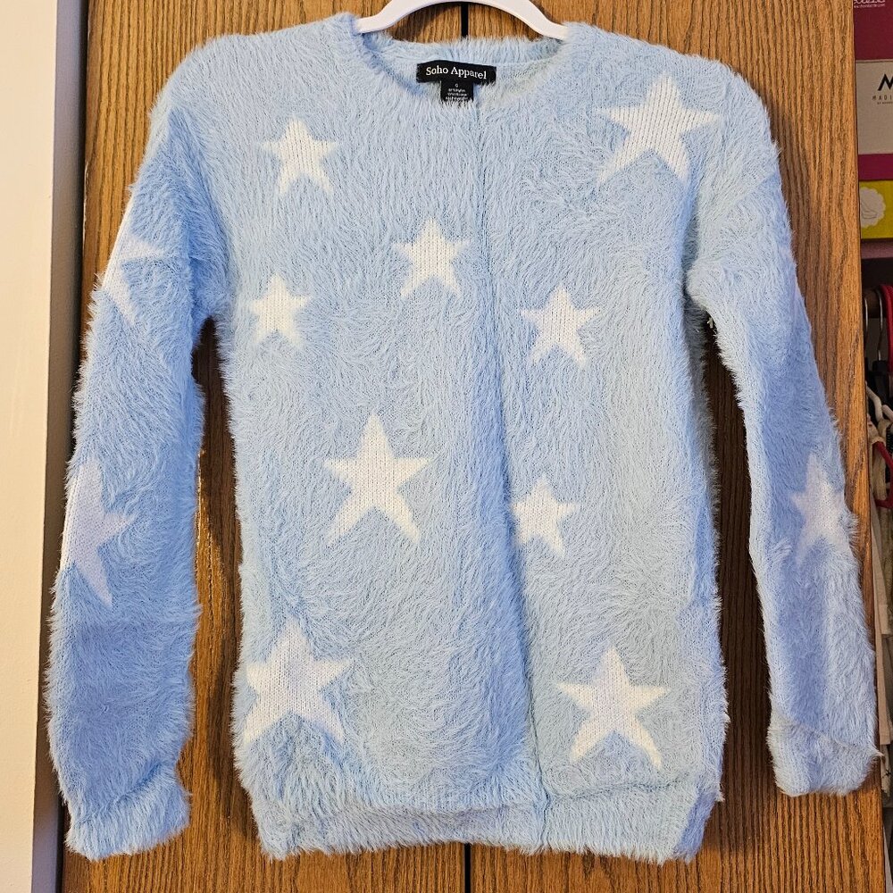 Light Blue Fuzzy Sweater With White Stars